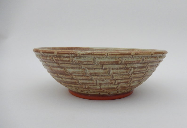 Pottery Decorative Bowl, Handmade Beige Brown Hand Carved Ceramic Bowl, One of a Kind Basket Inspired Design image 6