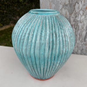 Large Turquoise Ceramic Vase, Handmade Carved Stripes, 9 Year Anniversary Gift