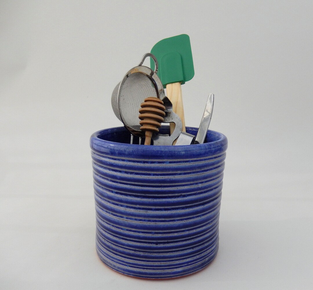 Blue Utensil Crock Silverware Caddy Kitchen Utensil Holder Etsy