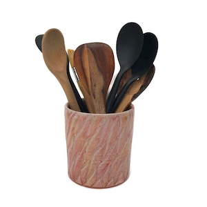 Kitchen Utensil Crock, Orange Decorative Ceramic Pottery Utensil Holder, Burnt Orange Pottery Gift
