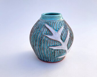 Ceramic Decorative Vase, Turquoise and White Carved Pottery Vase, Terracotta Handmade Earthenware Vessel