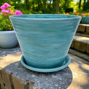 Large Handmade Planter, Turquoise Ceramic Indoor/ Outdoor Flowerpot with Separate Saucer