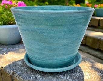 Large Handmade Planter, Turquoise Ceramic Indoor/ Outdoor Flowerpot with Separate Saucer