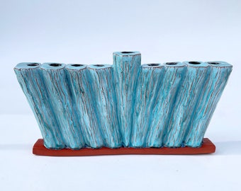 Hanukah Ceramic Menorah, Turquoise Handmade, Hand Carved Modern Design