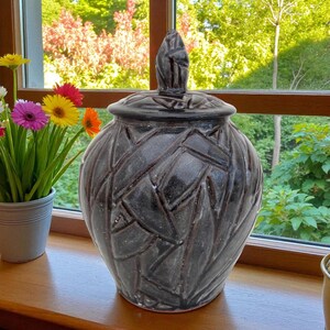 Handmade Pottery Jar with Lid: Charcoal Gray Carved Ceramic Container