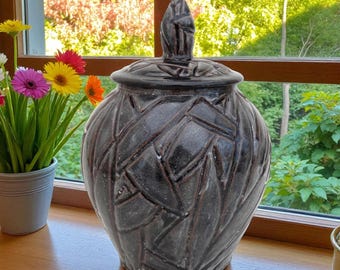 Handmade Pottery Jar with Lid: Charcoal Gray Carved Ceramic Container