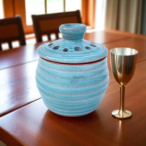 Besamim Pottery Jar, Handmade Turquoise Carved Lidded Havdalah Jar, Seafoam Teal Green Potpourri Pot, Jewish Wedding Gift