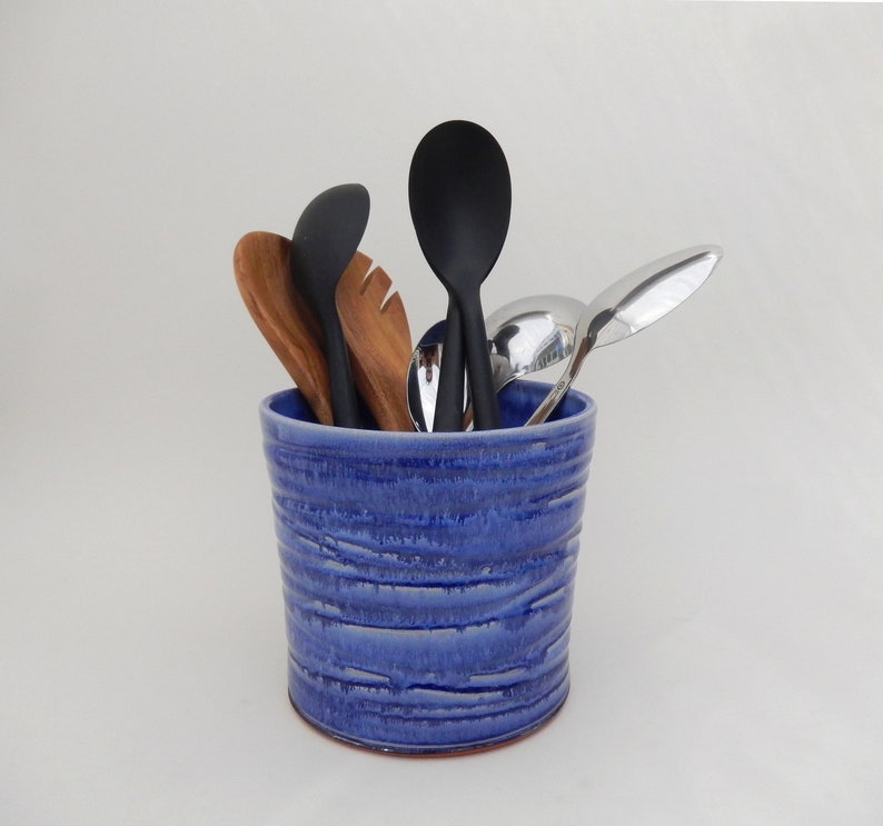 Blue Utensil Holder Wide Cobalt Blue Utensil Crock Handmade Etsy