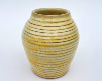 Ceramic Round Vase, Yellow Striped Wide Mouth Vase, Carved Pottery Vase, Handmade Flower Vase