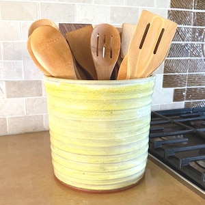 Large Utensil Holder, Handmade Yellow Ceramic Tall, Wide Utensil Crock, Pottery Kitchen Caddy