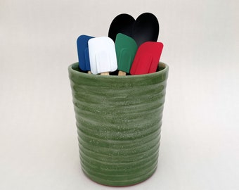 Large Kitchen Crock, Tall Green Ceramic Utensil Holder, Jumbo Handmade Pottery Kitchen Utensil Crock