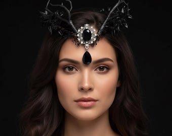 Black Rose Gothic Crown, Black Crystal Tiara, Dark Bridal Headpiece