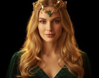 Corona di elfo di cristallo verde - Tiara della regina della foresta d'oro