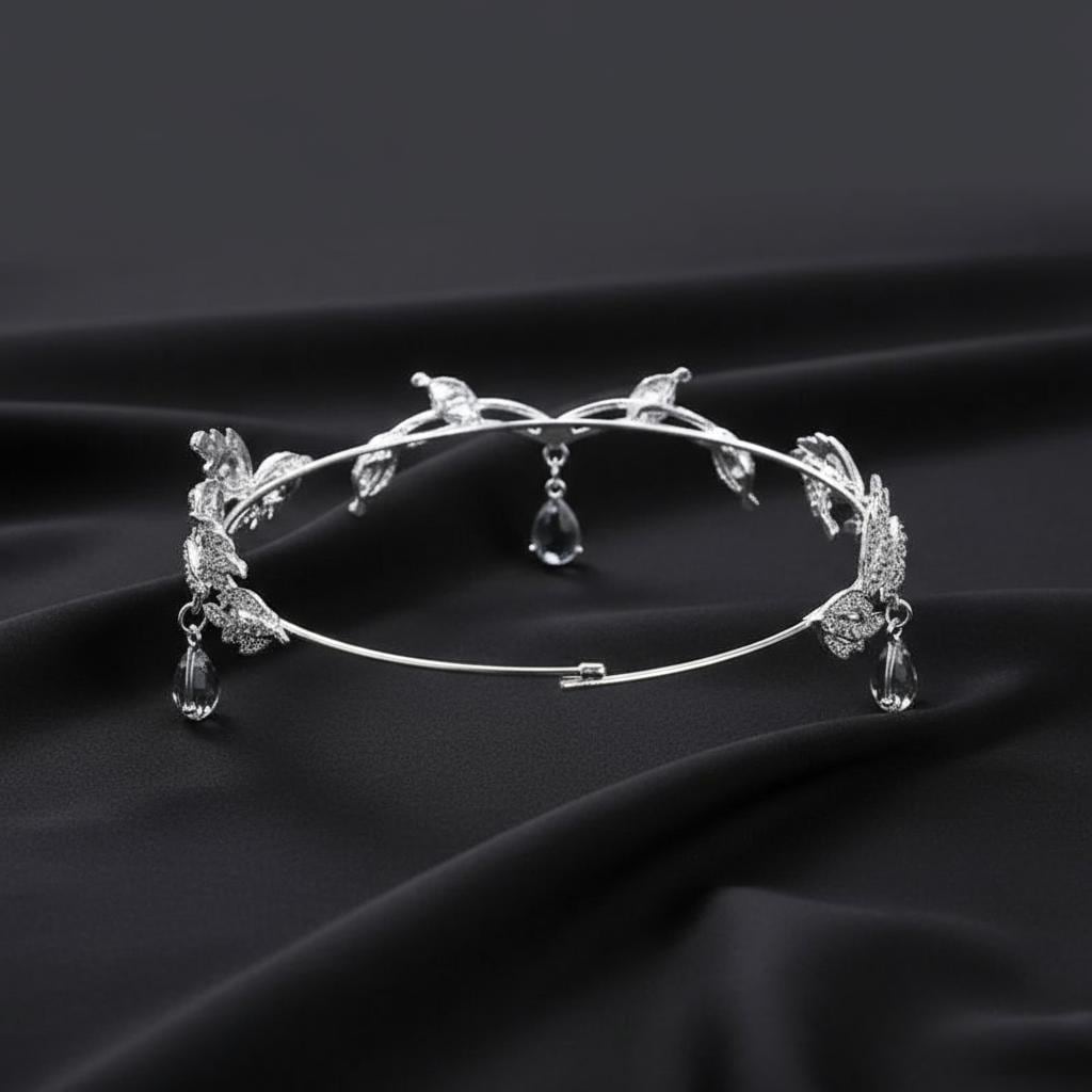 Elegant Silver Leaf and Crystal Drop Bridal Tiara – Nature 
