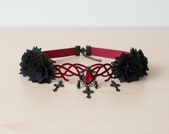 Gothic Black Rose Choker, Red Crystal Necklace, Victorian Vampire Jewelry