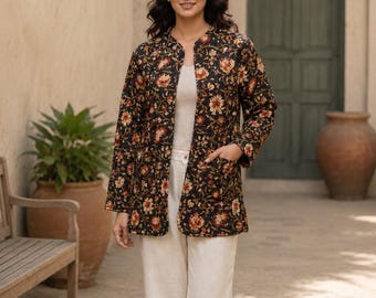 Blue Floral Block Print Quilted Jacket | Handmade Cotton Kantha Jacket | Lightweight Ethnic Boho Coat for Women | Sustainable Boho Clothing