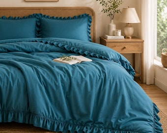 Teal Blue Rüschen Leinen Bettbezug-Set, gewaschene Leinenbettwäsche, Bauernbettwäsche, Boho Trösterbezug, Königin König Bett-Set