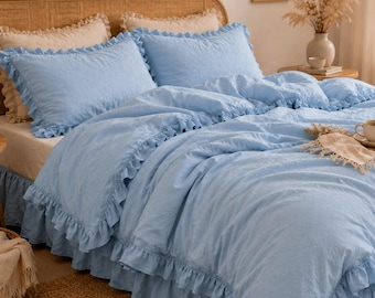 Sky Blue Ruffle Linen Duvet Cover, Washed Linen Bedding, Cottagecore Bed Set, Coastal Farmhouse Bedding, Boho Bedroom Decor