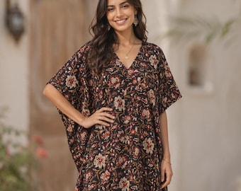 Women's Black Floral Printed V-Neck Kaftan Maxi Dress - Boho Cotton Long Loose Fit Beach Kaftan Dress
