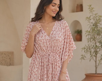 Hand Block Printed Cotton Kaftan Dress, Boho Maxi Dress, Floral Beach Cover Up, Indian Cotton Kaftan, Resort Wear, Summer Dress