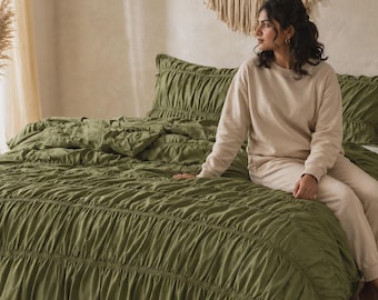 Olive Green Ruched Duvet Cover Set | 3 Piece Boho Bedding Set | Washed Microfiber Comforter with Pillow Shams | Farmhouse Bedding