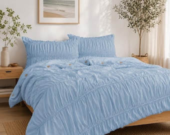 Sky Blue Ruched Duvet Cover Set, Soft Cotton Bedding, Button Closure Comforter Cover, Shabby Chic Bedding, Cottagecore Bed Set