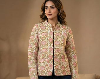 Hand Block Print Quilted Jacket for Women Floral Cotton Indian Jacket Lightweight Ethnic Winter Coat Floral Printed Coat Jacket Boho Jacket