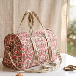 Jaipuri Hand-Blocked Quilted Textile Weekender - Ruby Floral & Sage Bohemian Rose Patterned Quilted Carry-All with Long Sling