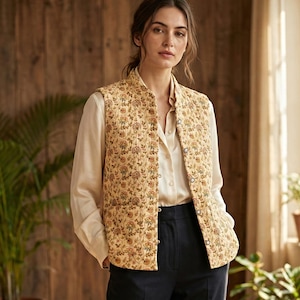 Puede incluir: Una mujer con un chaleco crema con estampado floral sobre una camisa abotonada crema y pantalones azul marino oscuro. El chaleco tiene una apariencia acolchada con un patrón floral repetido en tonos marrones y verdes. El atuendo se completa con botas marrones.