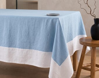Blue and White Linen Tablecloth, Color Block Table Cover, Modern Farmhouse Table Linen, Rustic Dining Tablecloth, Wedding Decor
