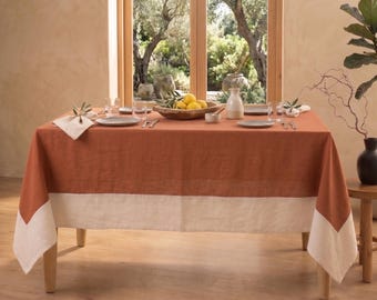 Rust Orange Linen Tablecloth with White Border, Two Tone Farmhouse Table Cover, Rustic Dining Table Linen, Wedding Table Decor