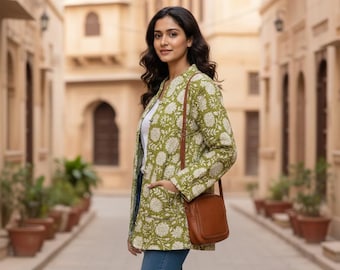 Boho Indian Lightweight Printed Coat, Green Quilted Jacket Women, Hand Block Print Floral Jacket, Cotton Winter Reversible jacket |