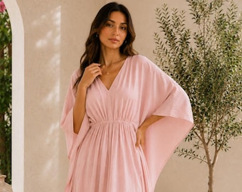 Blush Pink Cotton Kaftan Dress for Women | V Neck Flowy Lounge Wear Kaftan | Boho Style Maxi Caftan with Waist Gather