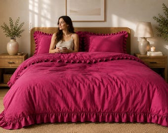 Himbeer Rüschen Bettbezug-Set, romantisches Bettwäsche-Set, weiche gewaschene Baumwollbettwäsche, Rüschen Kissenbezug, Cottagecore Schlafzimmer Dekor