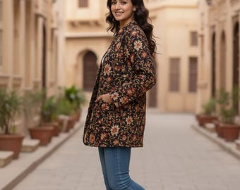 Women’s Hand Block Print Quilted Jacket, Floral Cotton Ethnic Winter Coat, Handmade Indian Reversible Jacket, Boho Street Style Outerwear