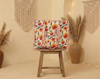 Handmade Eco Friendly Tote for Women, Pink Floral Quilted Tote Bag – Handblock Print Cotton Shoulder Bag, Large Travel Bag, Boho Shopper Bag