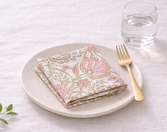 Hand Block Print Cotton Napkin, Floral Paisley Soft Pink Sage Green Table Decor