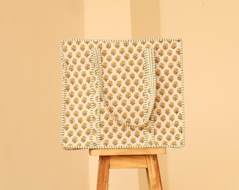 Hand Block Print Tote Bag Quilted Cotton Bag Floral Shopper Bag Travel Tote Reusable Eco Friendly Bag Handmade Indian Bag Beach Everyday Bag