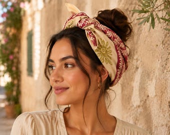Hand Block Print Baumwolle Bandana Schal | Beige & Kastanienbraun Floral Hair Wrap | Weiches Boho Kopftuch für Frauen