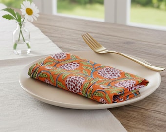 Boho Floral Baumwoll-Servietten-Set, Handblockdruck-Tischwäsche, Orange Granatapfeldruck-Stoffservietten, wiederverwendbares umweltfreundliches Abendessen-Serviette |