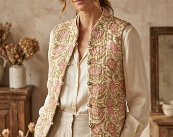 Women’s Handblock Printed Pink Floral Cotton Jacket | Lightweight Quilted Ethnic Vest with Button Front for Layered Styling