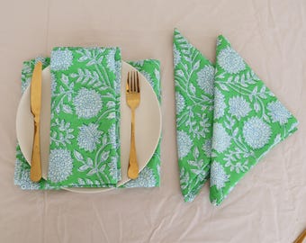 Green Floral Cotton Napkin Set | Hand Block Print Table Linen | Eco-Friendly Dining Decor | Reusable