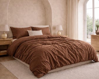 Rust Brown Linen Duvet Cover Set | Washed Linen Bedding Set | Soft Rustic Farmhouse Bedding | Minimalist Queen King Duvet Cover