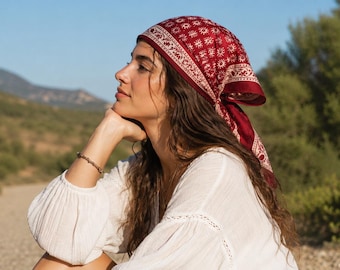 Boho Red Floral Bandana Scarf for Women | Soft Head & Neck Wrap | Vintage Western Style Hair Bandana