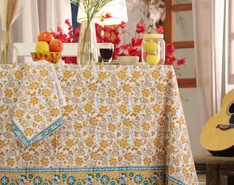 Hand Block Print Cotton Tablecloth, Floral Indian Table Cover