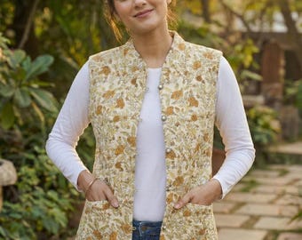 Women’s Quilted Cotton Vest Coat, Floral Block Print Sleeveless Jacket, Handmade Indian Boho Layering Wear Floral vest jacket Boho vest