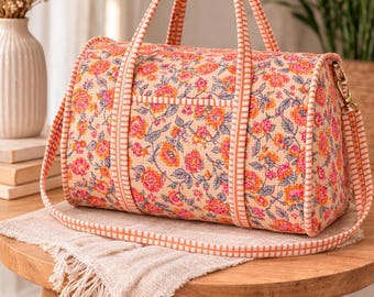 Floral Quilted Duffle Bag, Cotton Travel Bag, Handmade Weekend Bag, Boho Floral Gym Bag, Lightweight Overnight Bag, Women Travel Duffel