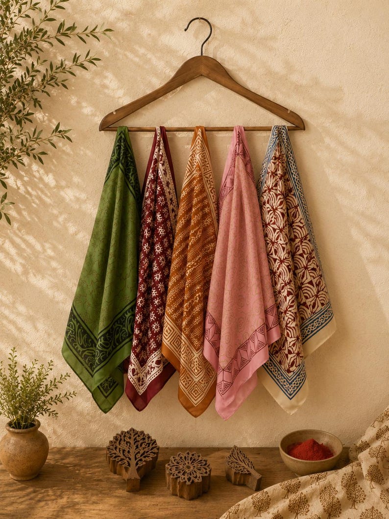 May include: Five square fabric napkins hanging from a wooden hanger. The napkins feature various colours including olive green, deep red, mustard yellow, soft pink, and cream, each decorated with intricate block-printed patterns and borders.