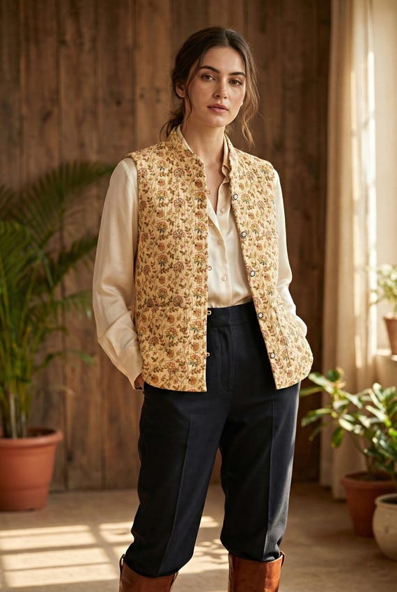 Hand Block Print Quilted Cotton Jacket for Women | Floral Printed Sleeveless Indian Vest | Handmade Ethnic Layering Jacket