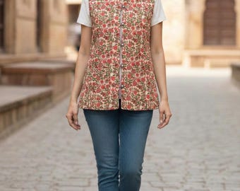 Hand Block Printed Reversible Cotton Jacket Floral Printed Sleeveless Quilted Vest Coat for Women Boho Waistcoat Lightweight Layering Jacket